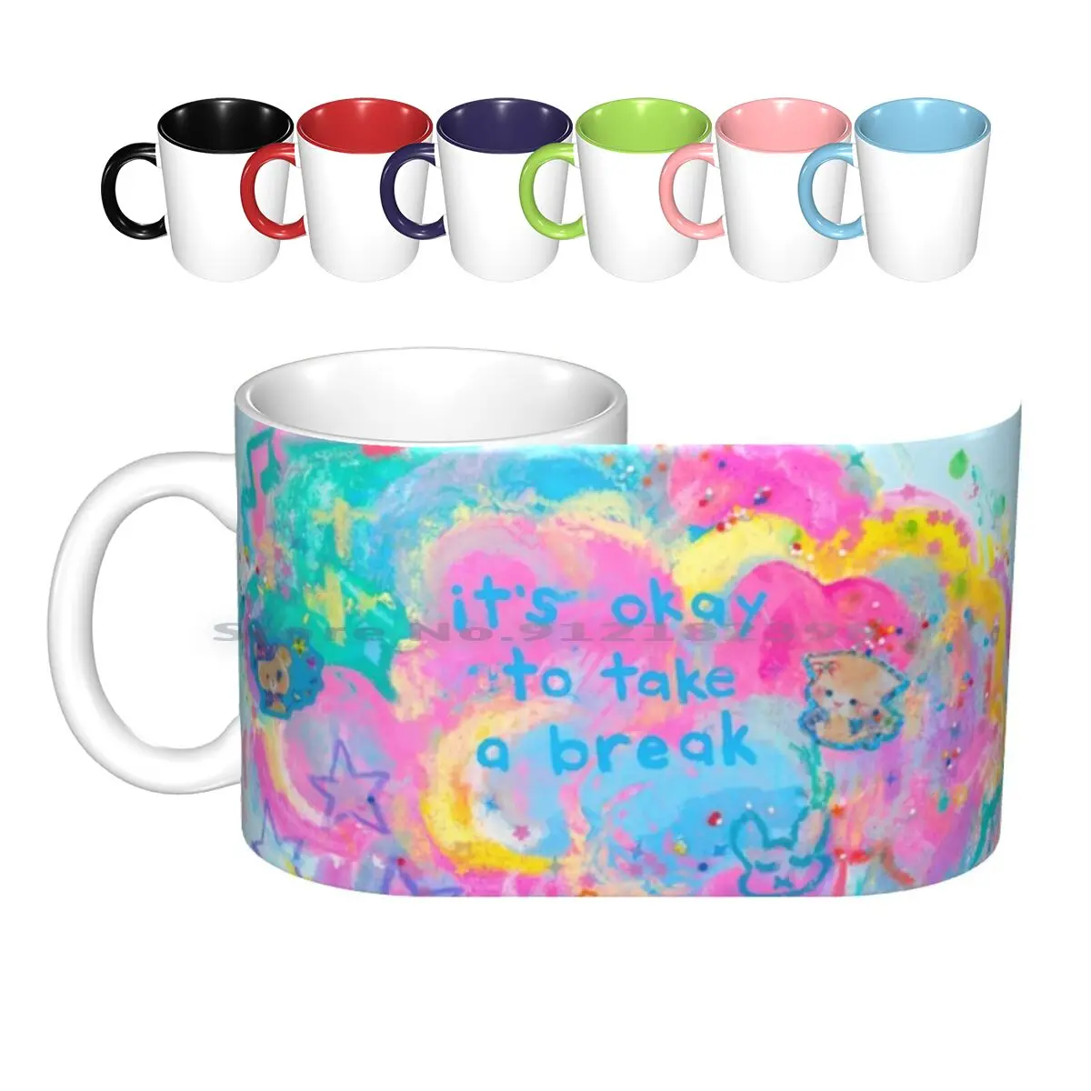 Recommended Rest Ceramic Mugs Coffee Cups Milk Tea Mug Kidcore Kidwave Yume Kawaii Fairy Kei Rainbow Colorful Text Animals