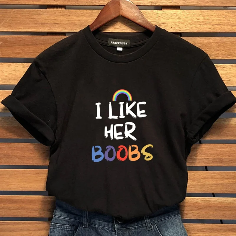 Pride Lesbian Matching Couples Compliment T-Shirt I Like Her Boobs & I Like Her Butt Funny Graphic Tee Women