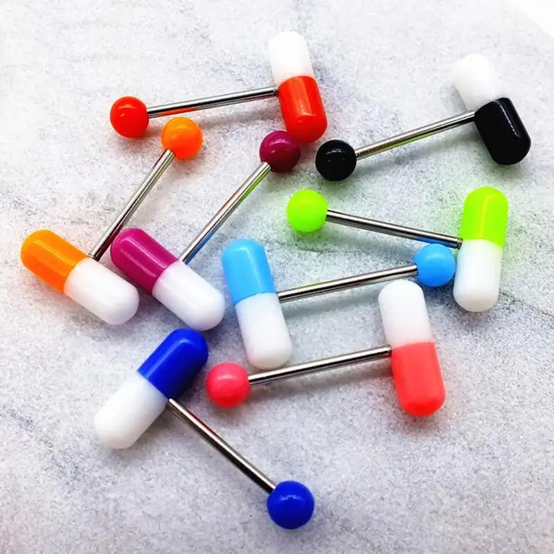 10pcs/lot Colorful Capsule Tongue Rings Acrylic Pill Tongue Piercing Steel Punk Body Piercing Rings Jewelry Decor Gifts