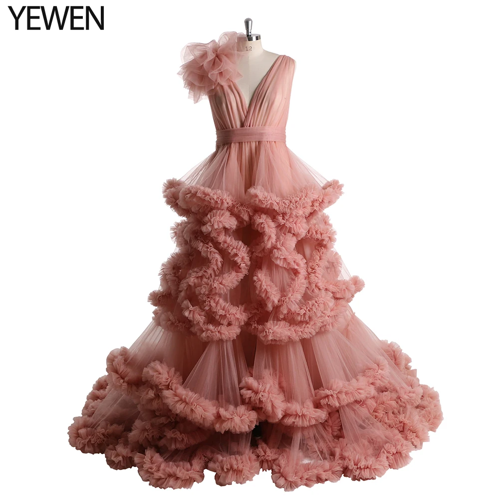 

Elegant Pink Ruffled Deep V Neck Floor Length Ball Gown Pregnancy Shooting Dress Custom Color YEWEN