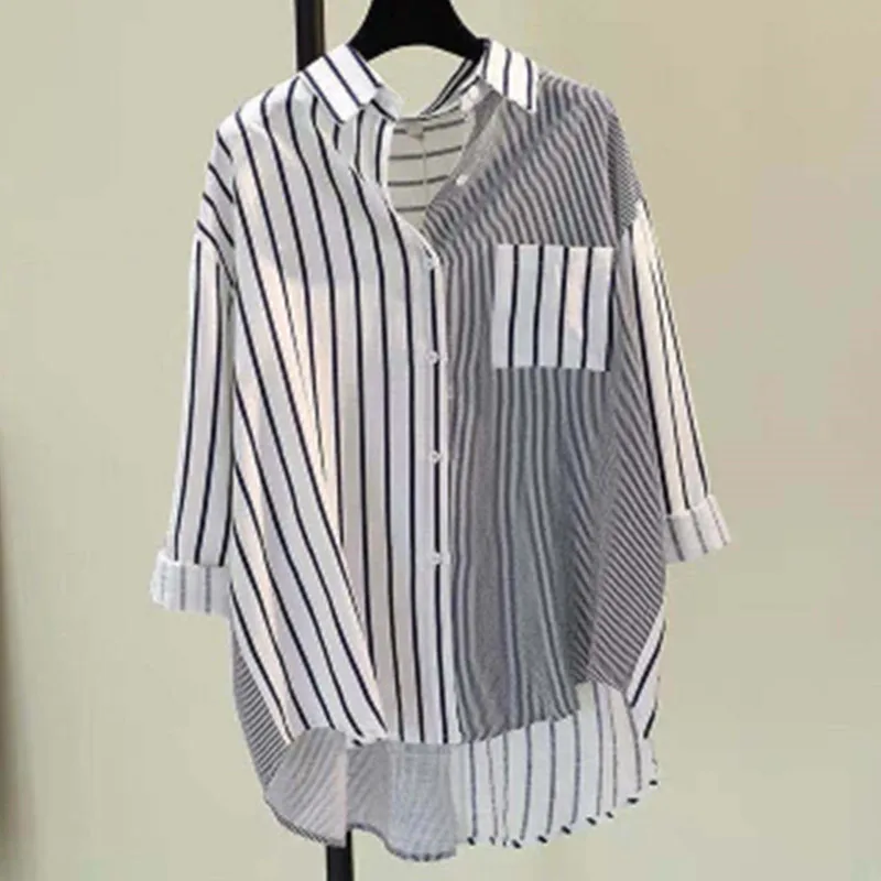 Striped Button Up Shirts Women Long Sleeve Top Ladies Oversized Elegant Blouses Korean Fashion Linen Clothing Summer 2023