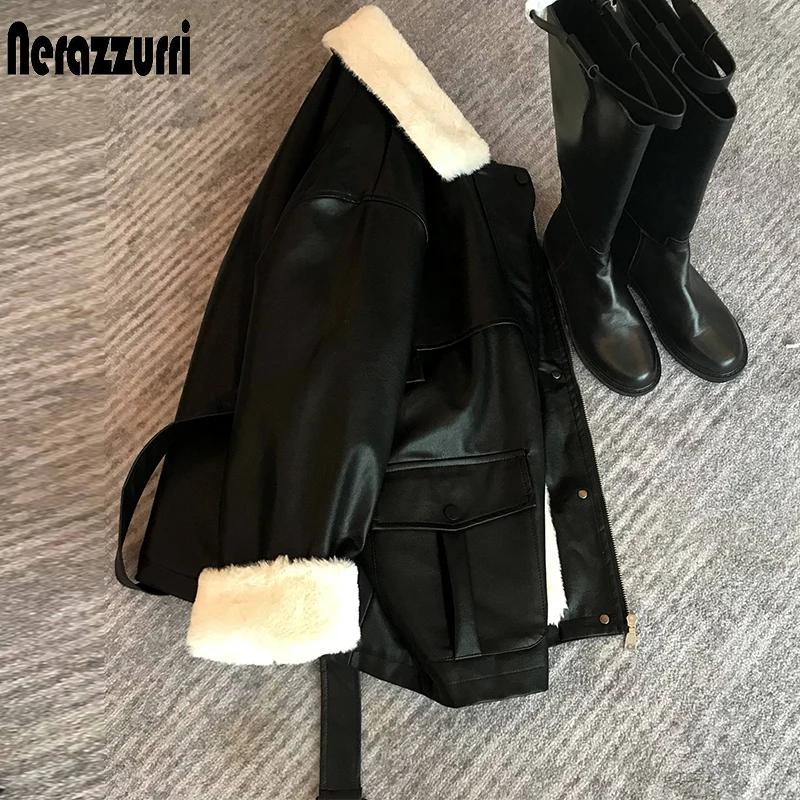 Nerazzurri Winter Oversized Leather Jacket Women with Faux Rex Rabbit Fur Inside Warm Soft Thickened Fur Lined Coat Long Sleeve