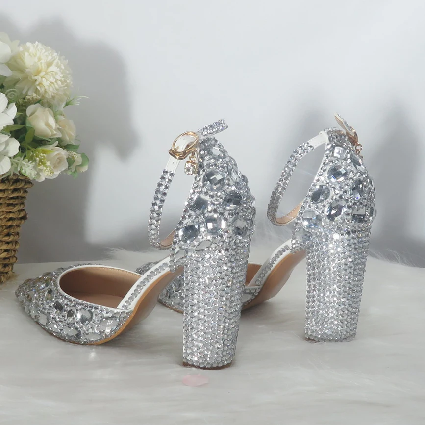 BaoYaFang scarpe da sposa da donna in cristallo argento scarpe da sposa con tacco alto spesso scarpe moda donna scarpe basse con fibbia alla caviglia