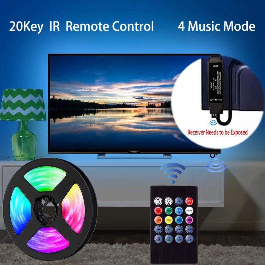 Bande lumineuse LED 2835 5050, Bluetooth, USB, Flexible, 3 touches, capteur sonore, ruban RGB, 1M 2M 3M 4M, décoration TV, rétro-éclairage, DC5V