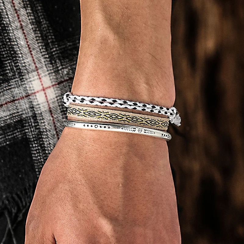 2025 Hot 925 Plated Silver Cuff Bracelet On Hand Tibetan Buddhism Handmade Weave Lucky Knott Rope Adjustable Men's Bracelets