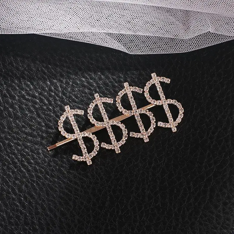 YFJEWE Trendy Handmade fashion Rhinestone dollar Hair Clips For Women Crystal Shiny letter Hairpin Hair Accessories H069