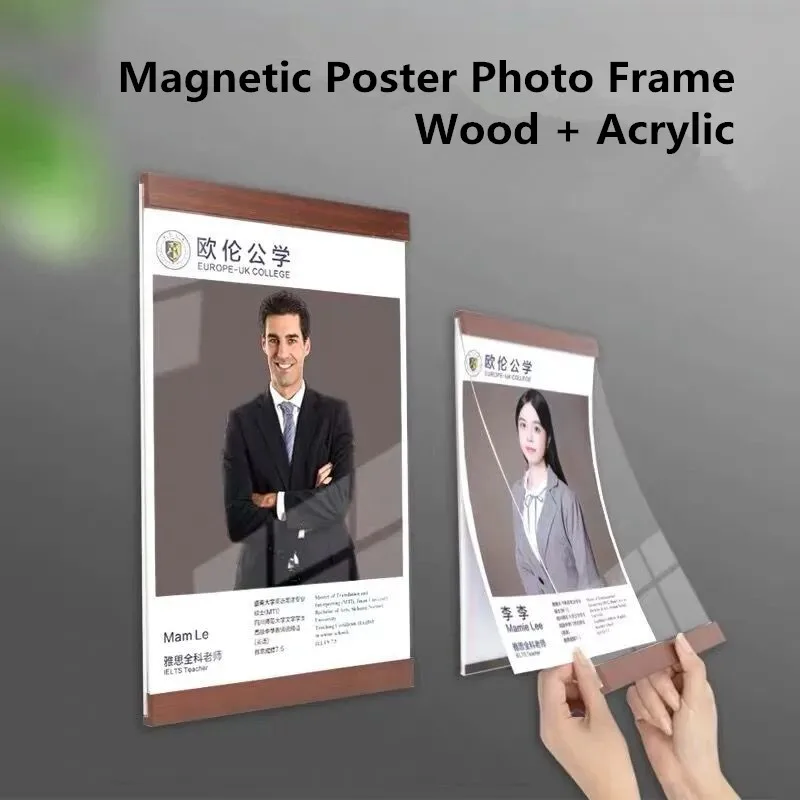 A4 Acrylic Wood Picture Frame Clear Wall Mount Document Photo Frames Advertising Poster Paper Holder Board