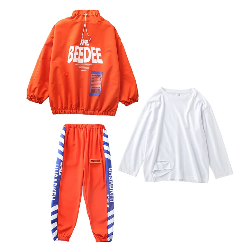 Children Hip Hop Dance Costumes For Kids Orange Jacket Hiphop Suit Girls Jazz Street Dance Wear Outfits Rave Clothes DQS6668