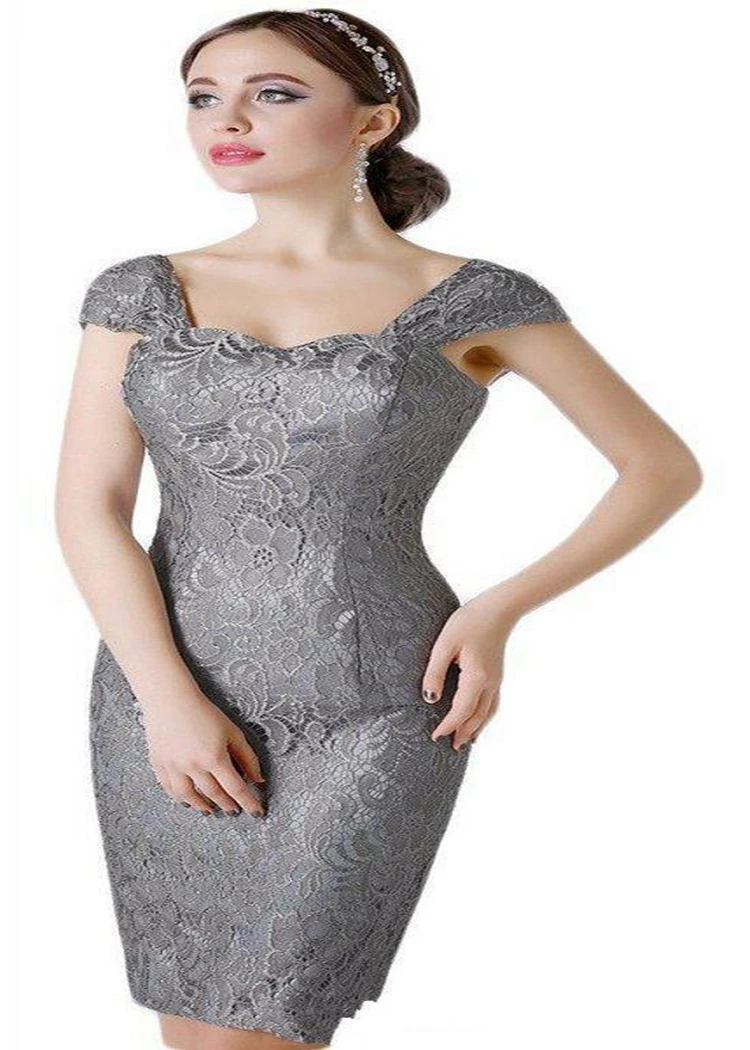 Silver Grey Lace Mother Of The Bride Dresses Knee Length Sheath With Capped Short Sleeves Custom Made Women Evening Dresses