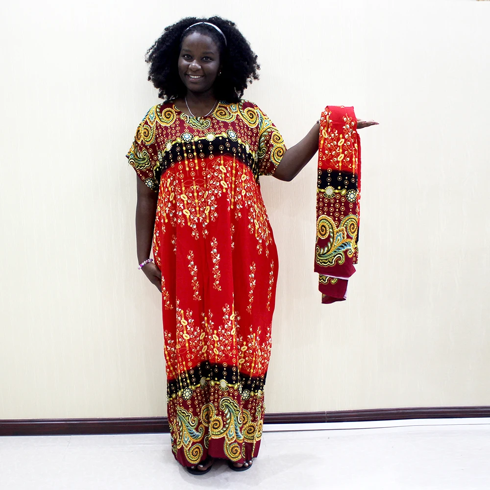 

Dashikiage 100% Cotton African Dashiki Print O-Neck Short Sleeve Mama Dress With Scarf