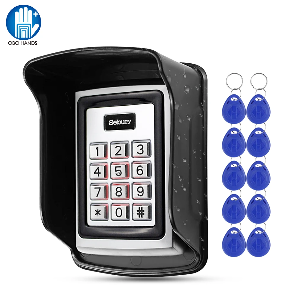 Metal RFID Access Control Keypad Waterproof Outdoor Rain Cover 125KHz Card Reader 10pcs EM4100 Keyfobs for Lock System Sebury