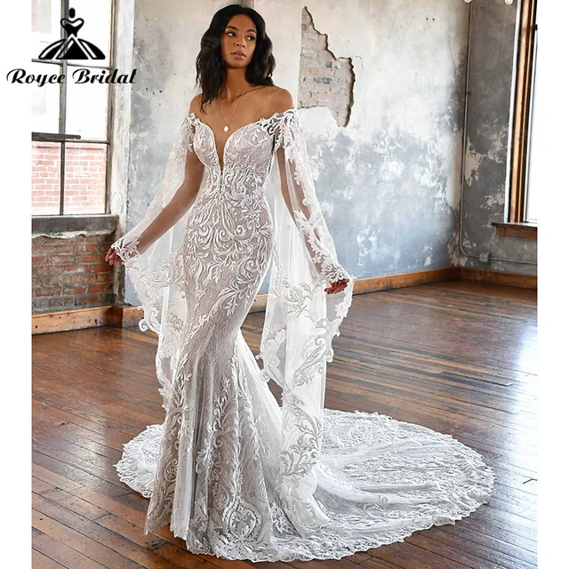 Boho lace long sleeve wedding dress hotsell