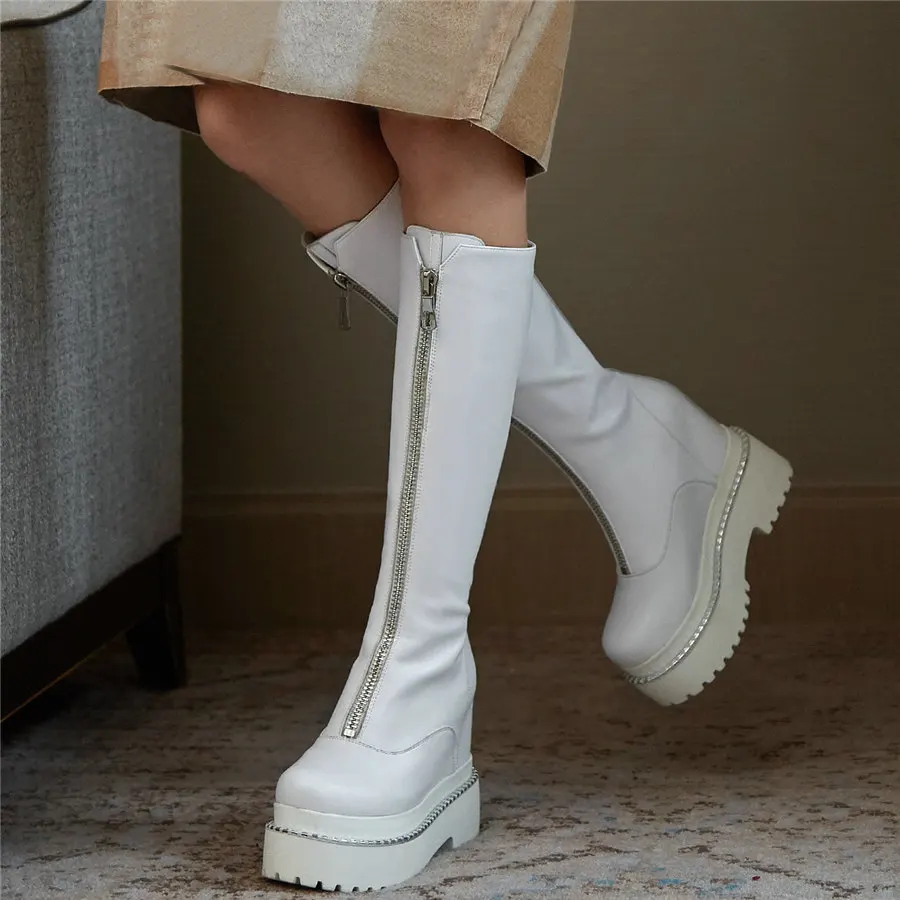 

Thigh High Platform Creepers Shoes Women Cow Leather Wedges High Heel Knee High Ridding Boots Female Round Toe Fashion Sneakers