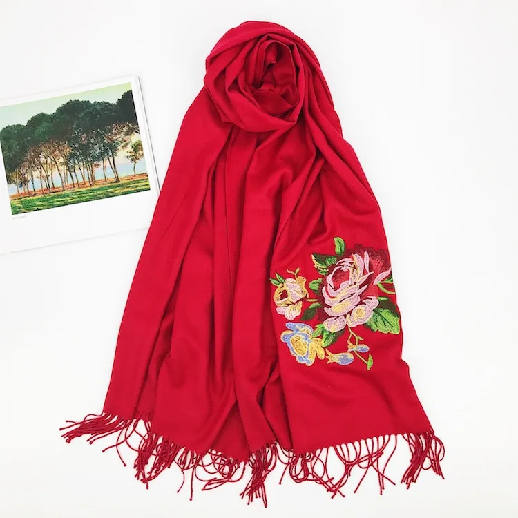 Luxury Brand Scarf Thick Winter Women Scarf Warm Cashmere Golden Peony Embroidery Tassel Shawl Wrap Blanket Hijab Scarf Pashmina