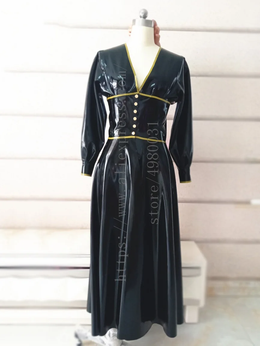 Vintage style women's black long latex dress with gold trims decorations what is made of 0.4mm natural & flexible latex