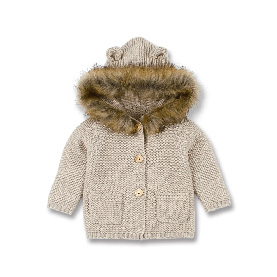 0-24M Winter Baby Boys Girls Knitted Cardigan Jackets Outfits Warm Autumn Infant Kids Fur Hooded Sweaters Long Sleeve Coat