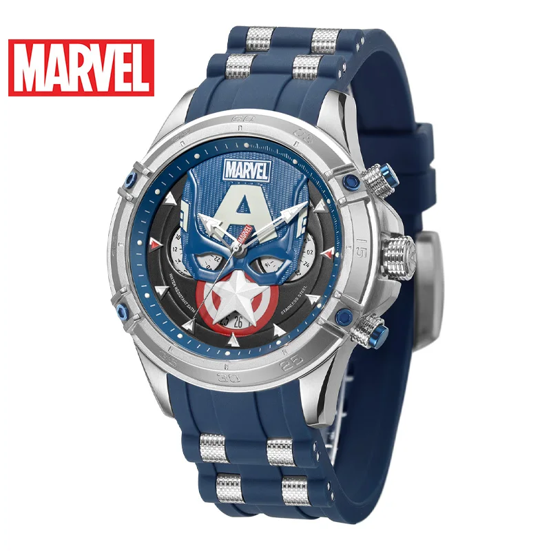 Marvel For Mens Watches Avengers Captain America Quartz New Casual Wristwatch 3D Stereo Dial Coated Glass Multiple Time Zone 50m