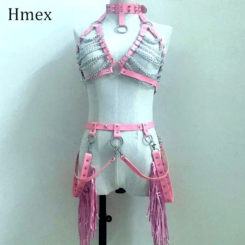 Pink Leather Harness Belt Chain Bra Bondage Garters Women Gothic Adjustable Long Tassels Waist Belt Suspenders