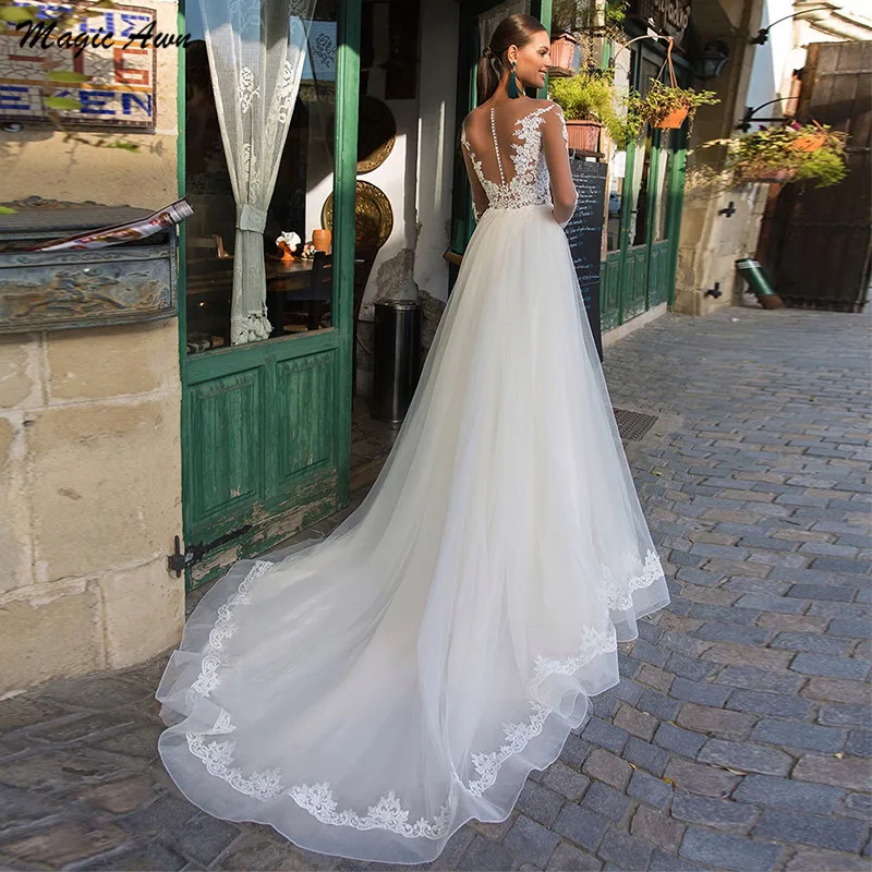 Awn-vestido de noiva mágico, mangas compridas, renda, tule, apliques, ilusão, leve, champanhe, elegante, vestido de casamento, linha a