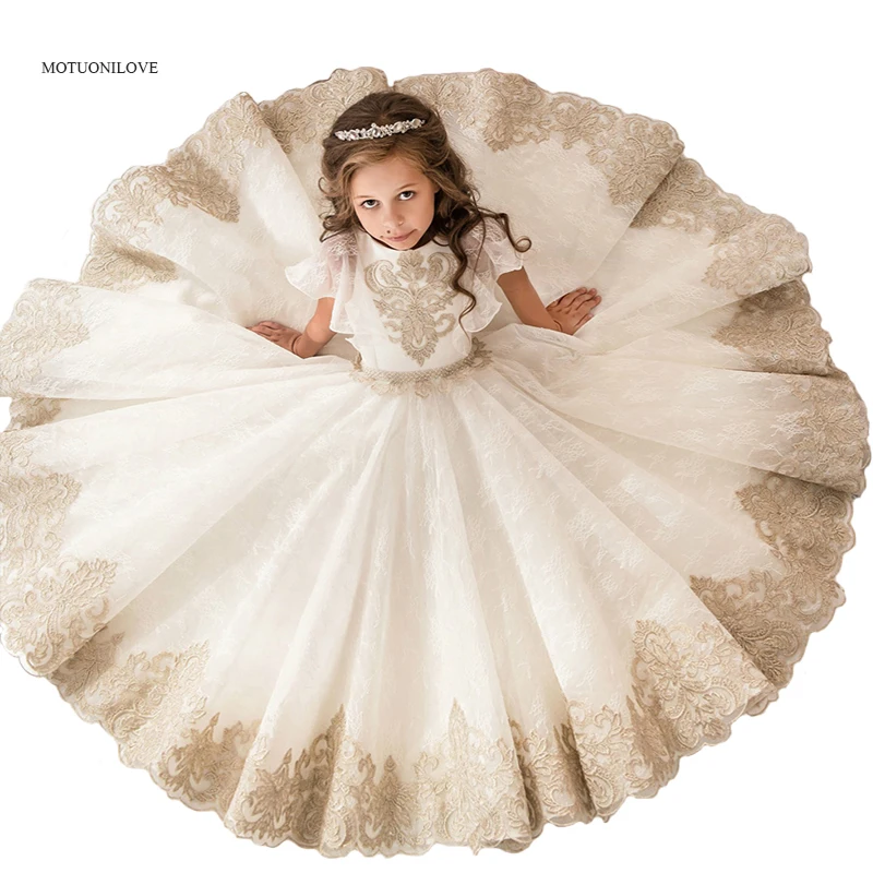 Horn Sleeve Champagne and White Lace First Communion Dresses for Girl Kids Flower Girls Dress Party Easter Dress For Weddings