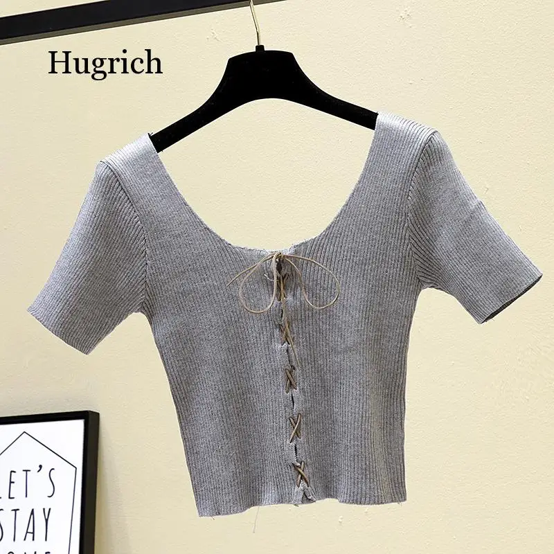 Drawstring Cross Halter T-Shirt Casual Short Sleeve Female Solid Tops Slash Casual 2020 Summer Croped Tops