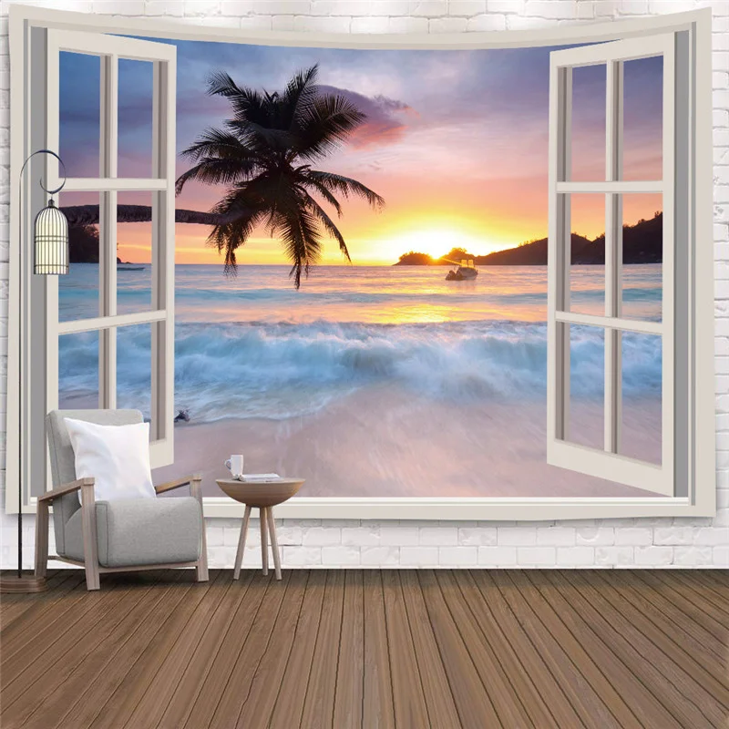 Imitation Window Landscape Tapestry Wall Hanging Tropical Tree Tapestries Art Home Decoration Sea Sunrise Dorm