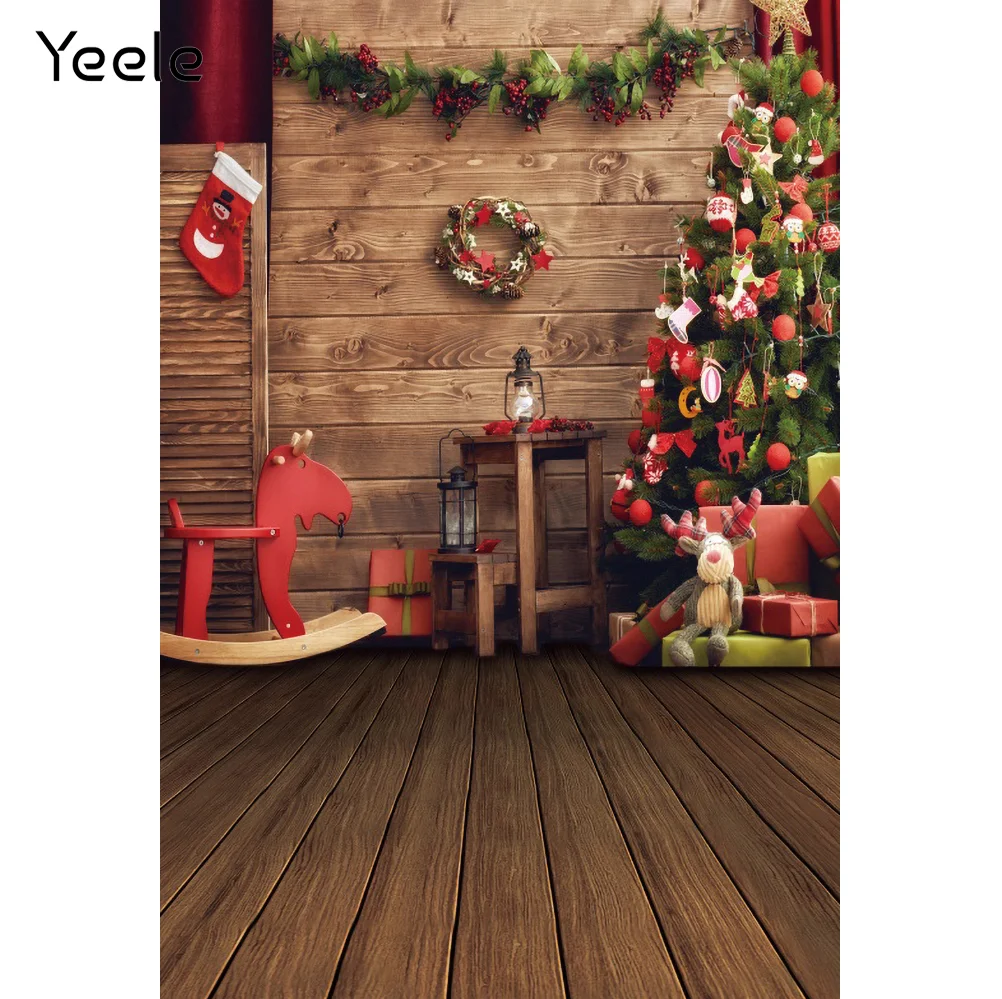 Yeele Christmas Backdrop Props Photocall Wood Board Tree Gift Trojan Horse Baby Photography Background Photographic Photo Studio