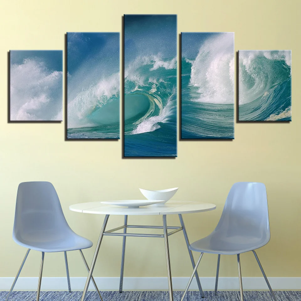 

Canvas Paintings 5 Pieces Surged Sea Waves Seascape Pictures Modern Living Room Wall Art Framework Home Decor HD Prints Posters