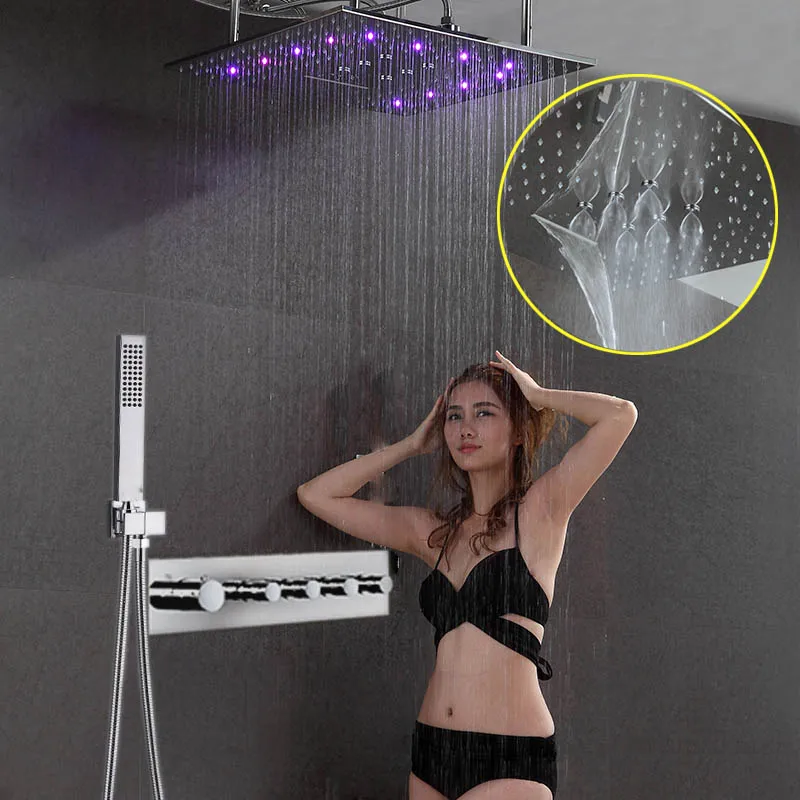 

Wall Mounted Shower Head Set Misty LED Shower System Thermostatic Mixer Faucet Combo Bathroom Rainfall Handheld Shower Chrome