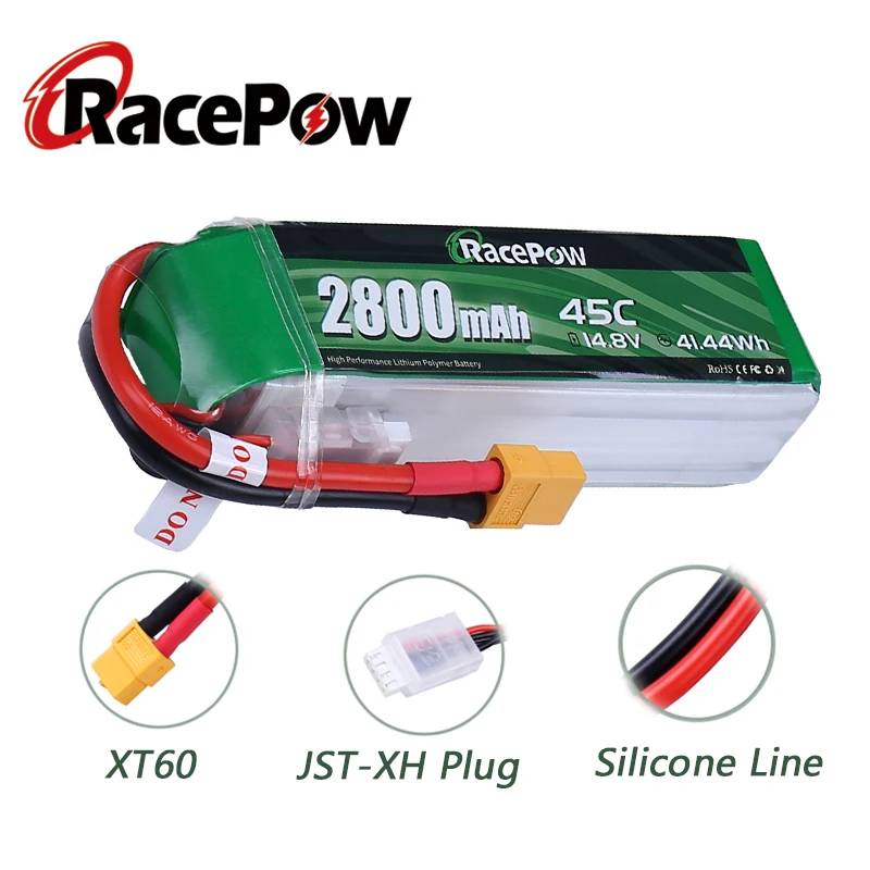 RacePow 14.8V 45C 2800mAh 4S RC Lipo Battery with XT60 Plug Softcase Batterie for RC 1/8 1/10 RC Car Truck FPV Emaxx Helicopter