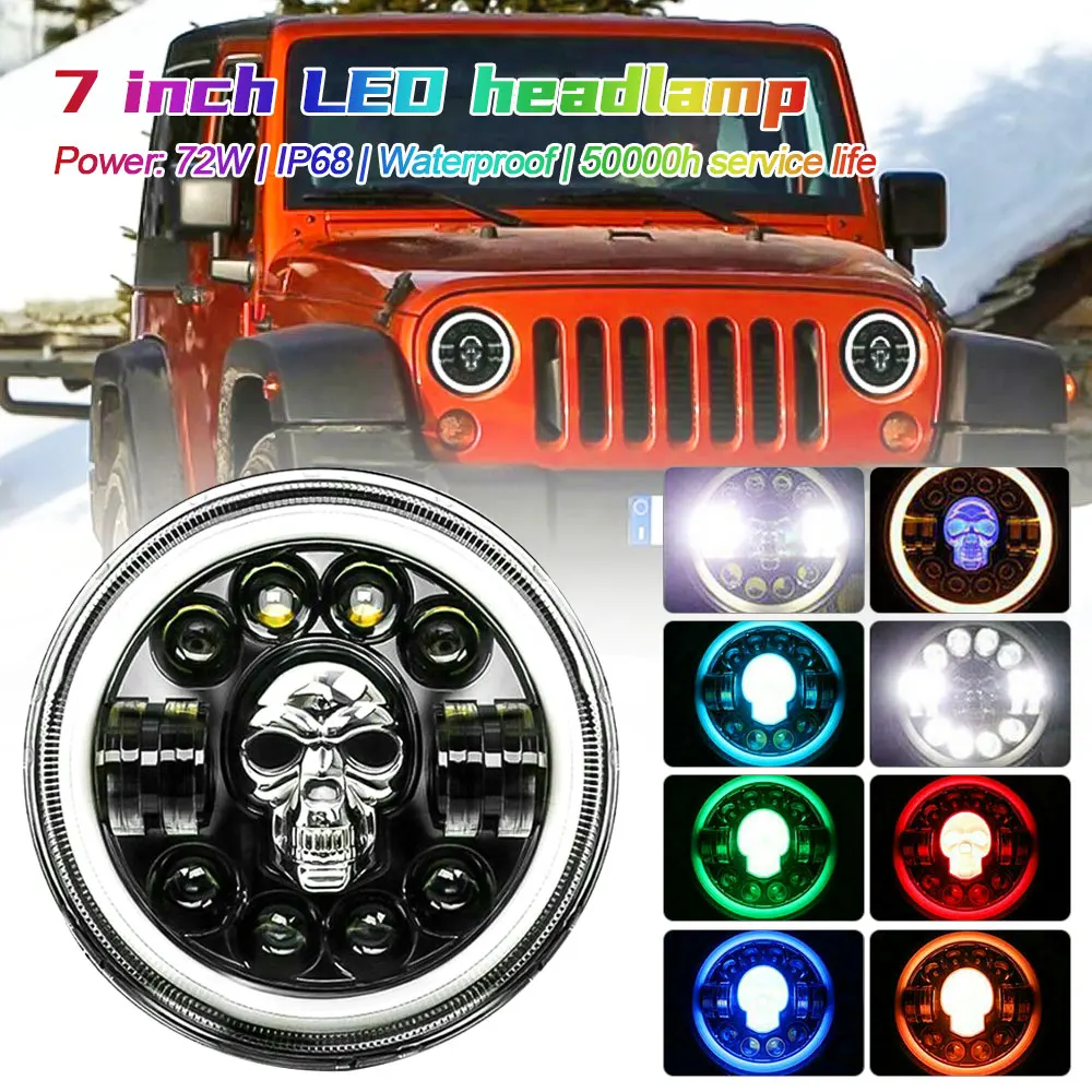 

72W Powerful Skull Design Halo Ring DRL RGB LED Headlight fit For JEEP For Wrangler JK JL TJ For Land Rover Defender