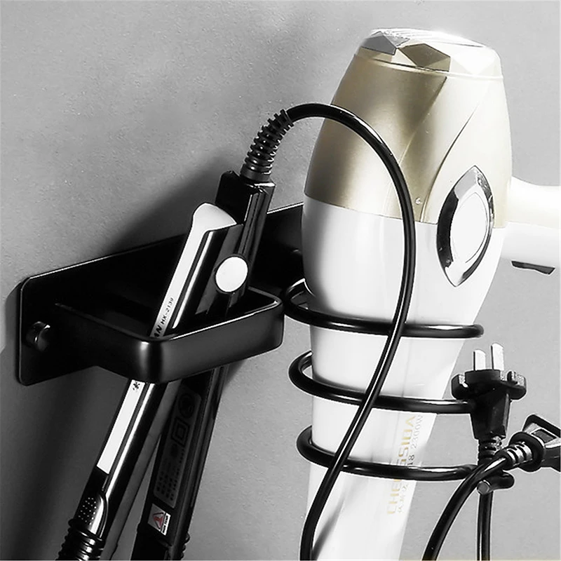 Wall Mounted Bathroom Black Hair Dryer Holder Space Aluminum Hair Straightener Holder Storage Bathroom Shelf Storage Accessories