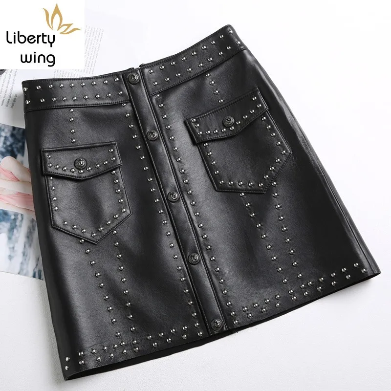 2020 Autumn Winter Women Genuine Sheepskin Leather Skirt Black White High Waist Rivet Single Breasted OL A-Line Sexy Mini Skirts