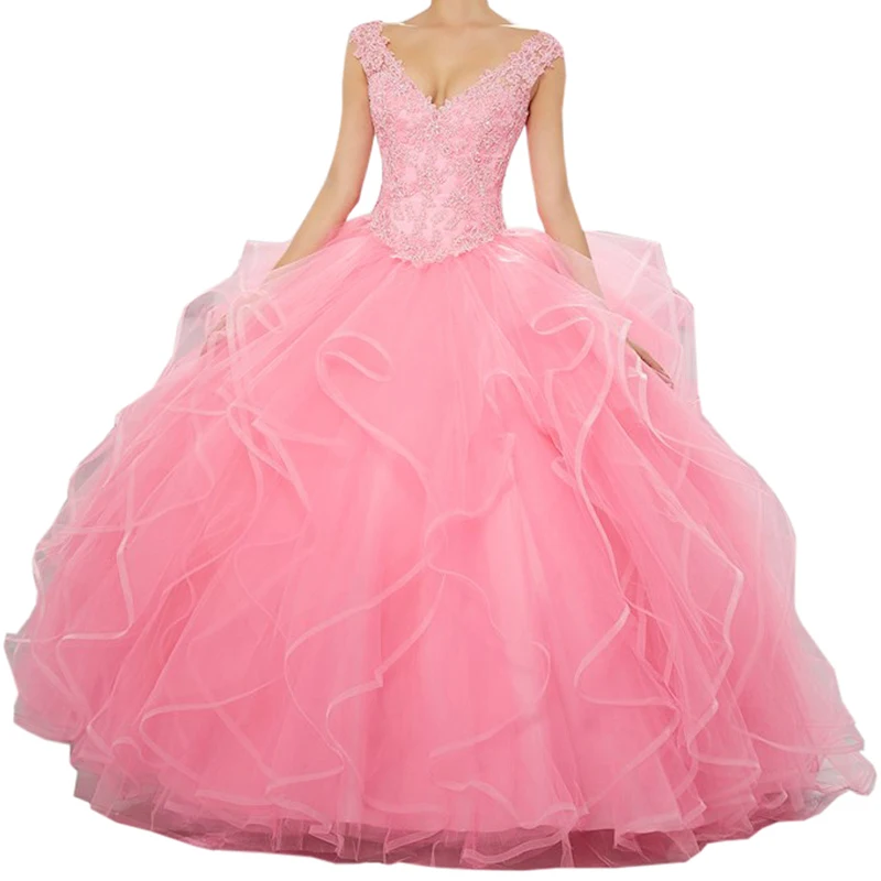 Rosa Prinzessin Spitze Pailletten Mädchen Puffy Süße 16 Quinceanera Kleider Sexy Tiefem V-ausschnitt Ballkleid Prom Kleider mit Layered rüschen