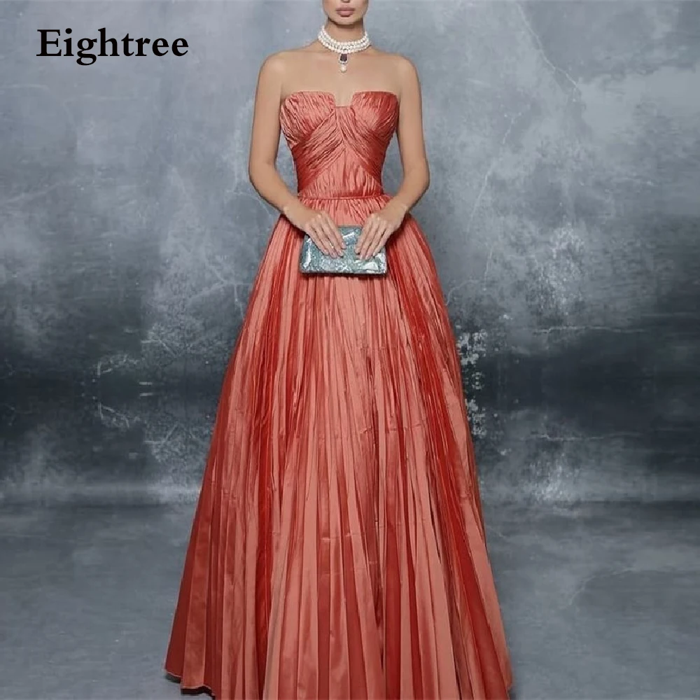 

Eightree Watermelon Red Long Sleeveless Evening Dress Satin A Line Formal Night Party Gowns Custom Made Strapless Prom Dresses