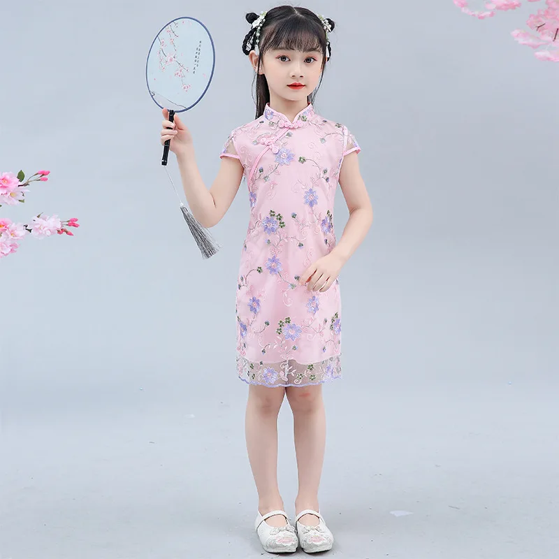 Baby Girl Qipao Silky Dress Children Chi-Pao Cheongsam Chinese New Year Costume Clothes Kids Dresses Wedding Uniform 4-14