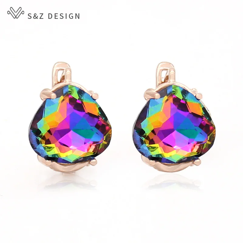 S&Z DESIGN New Fashion Heart-shaped Triangular Crystal Dangle Earrings For Women 585 Rose Gold Color Jewelry