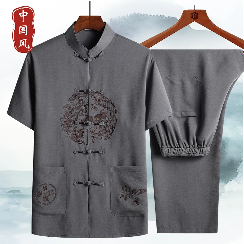 Tang Suit Men Middle-Aged Suit Cotton Linen Short-Sleeved Tang Suit Dad Summer Grandpa Summer Clothes Half-Sleeved Hanfu Male