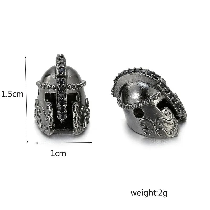 Spartan Knight Helmet Charms Copper Pave Black Cubic Zirconia Beads Pendant for DIY Craft Men Women Bracelet Jewelry Making