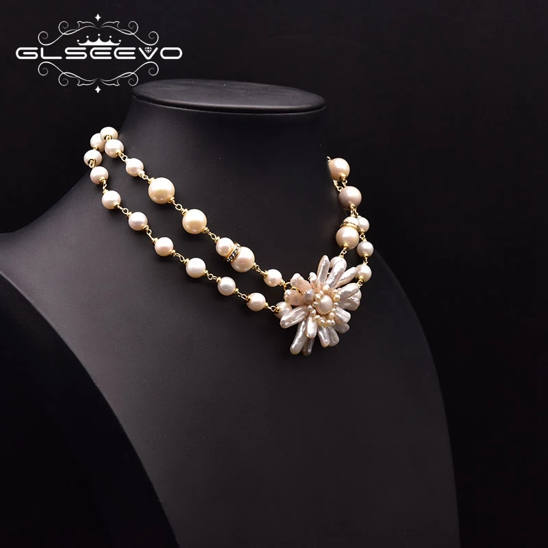 GLSEEVO Natural Baroque Freshwater Pearl Necklace For Woman Wedding  Gift Double Necklace Flower Style Fashion Jewelry GN0272