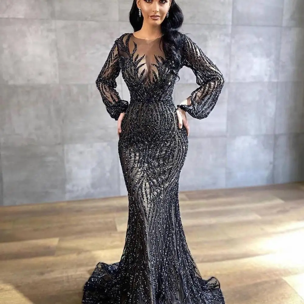 2020 Black Luxurious Long Sleeves Mermaid Prom Dresses Muslim Vestidos De Noiva Backless Rhinestones Crystal Evening Gowns