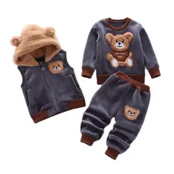 Baby Boy Clothing Set Autumn And Winter Velvet Thick Warm Casual Hooded Sweater Cartoon Cute Bear 3Pcs Toddler Girl Clothes Suit