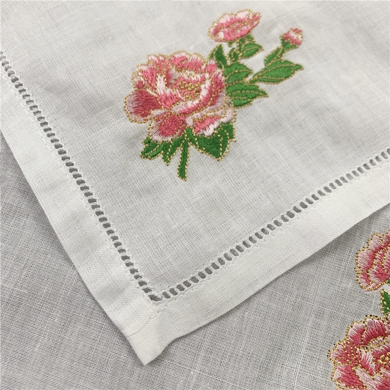 Set of 12 Handkerchiefs White Pure Ramie Cloth Fabric Table Napkins Hemstitched Border Embroidery Floral 18x18/20x20-inch Napkin