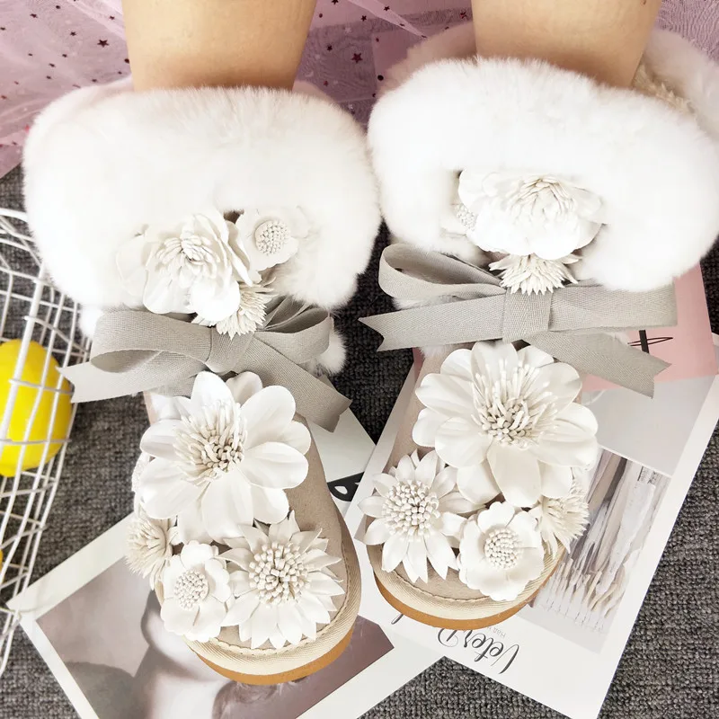 Handmade lovely bandage leather water diamond three dimensional flower rabbit hair anti slip mid tube autumn winter cotton shoes