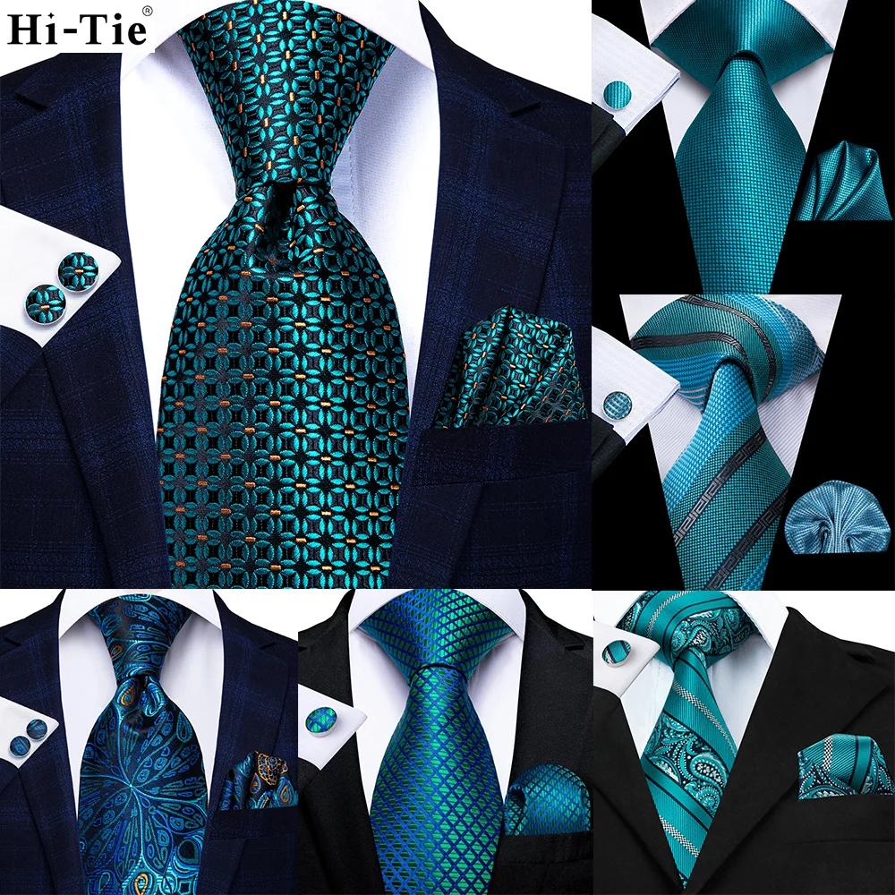 

Hi-Tie Teal Blue Dot Striped Design Silk Wedding Nicktie For Men Hanky Cufflink Gift Mens Tie Set Business Party Dropshipping