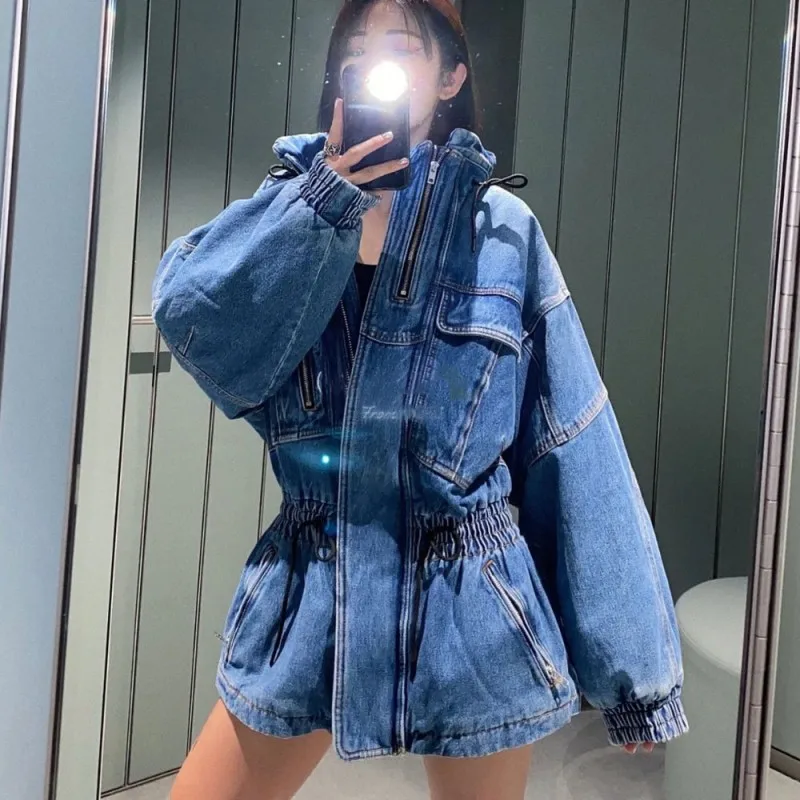 

Boyfriend Style Women Mid Long Winter Thick Warm Padded Denim Jacket Elastic Waist Stand Collar Hoodie Loose Fit Cargo Coat Tops