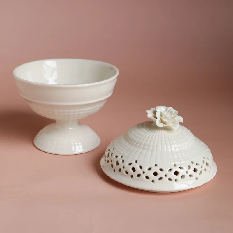 Cream-coloured Ceramic Lattice Rose Embossed Hollow-out Scented Burner/Sugar Jar/Candlestick Cup