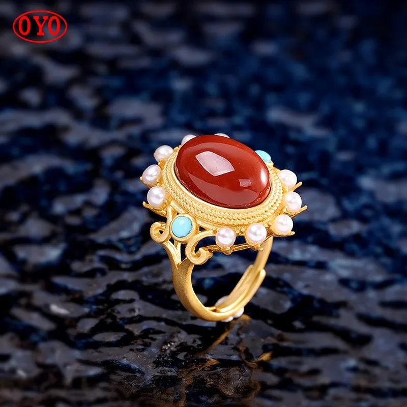 

s925 silver jewelry gold-plated ladies open southern red ring new product