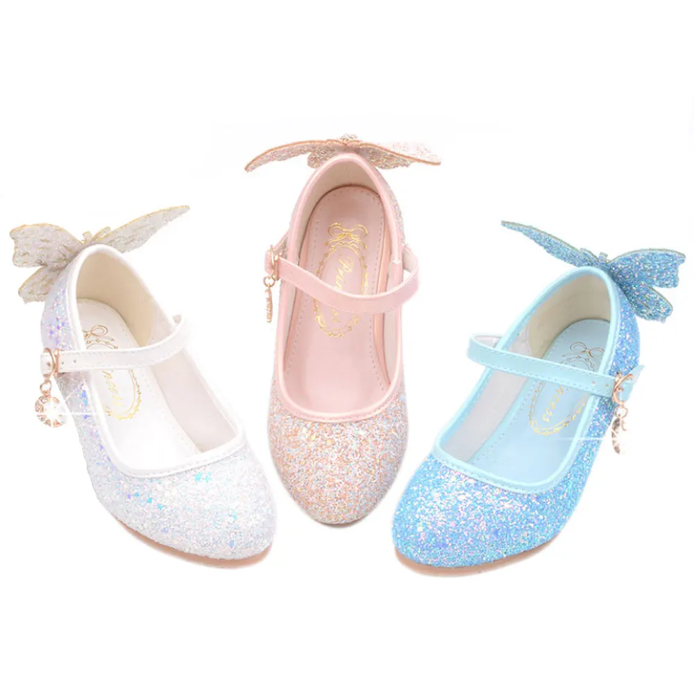 White Flower Girls Shoes Sparkly Kids Sequin Princess Shoes for Birthday Party Solid Colors 4-13 years old Child 8 10 12 Shoes