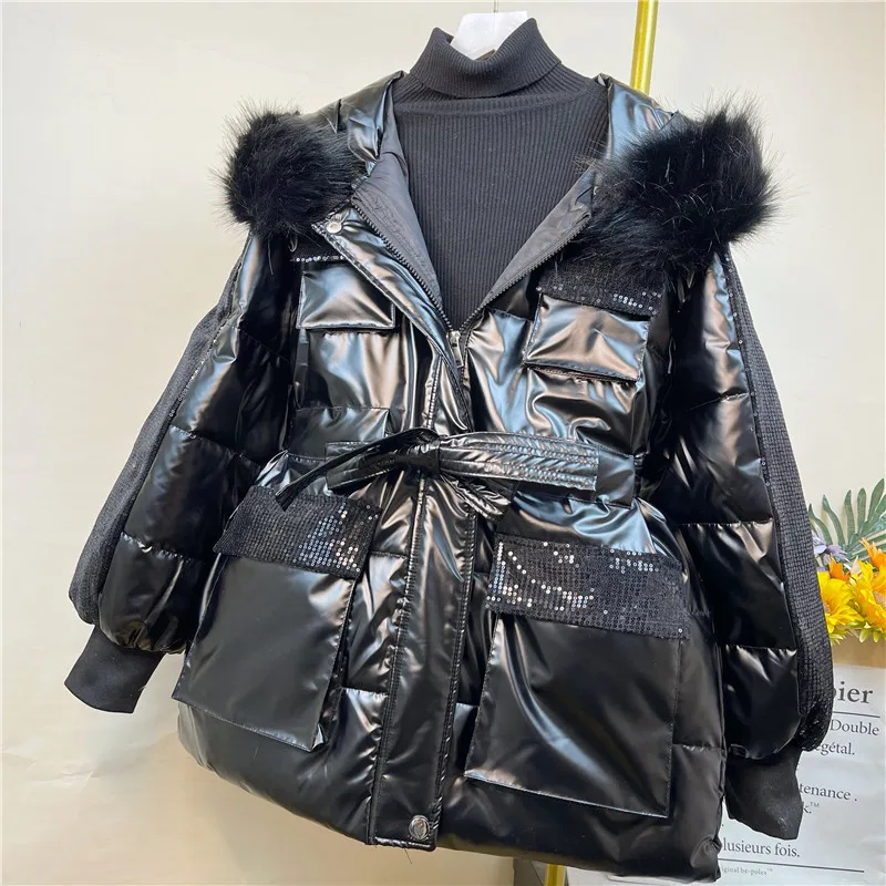 Imagem -05 - para Baixo Algodão-acolchoado Jaquetas para Mulheres Novo Inverno Coreano Solto Mid-length Parkas Genuíno Gola de Pele de Lantejoulas Estudantes Cabolsas Branco